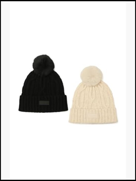 Cable Cuff Beanie with Faux Fur Pom, Recycled Polyester Blend, Warm Winter Hat main image 4